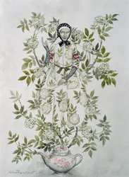 En medio de un árbol se sentaba una anciana de aspecto amable, ilustración de 
